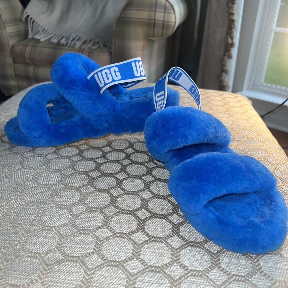 UGG Oh Yeah Fluff Shearling Slingback Slipper Cobalt Blue 10 Sheepskin Slide
